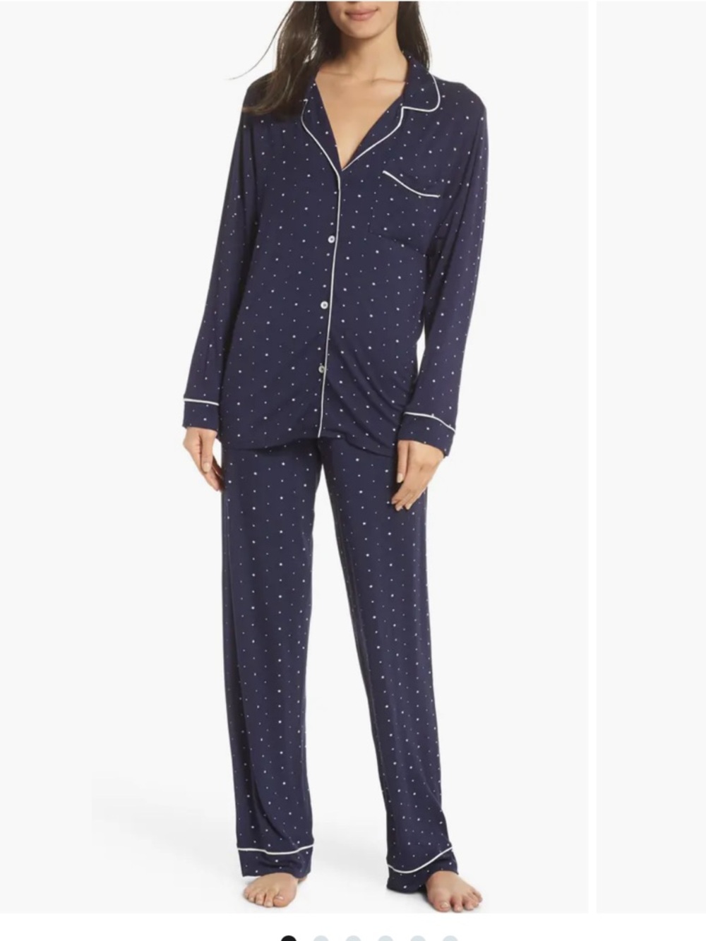 EBERJEY Pajama PJ Set Long Sleeve Button Up Navy Estrella Stars White Piping L